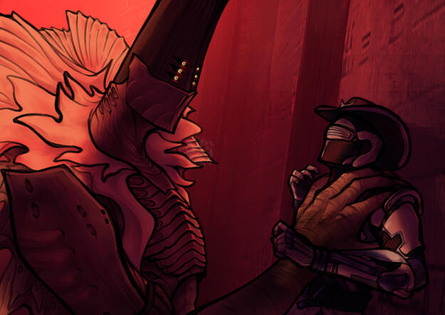 Personal/fan art of Rhulk from Destiny 2 and an OC (based on my player character)